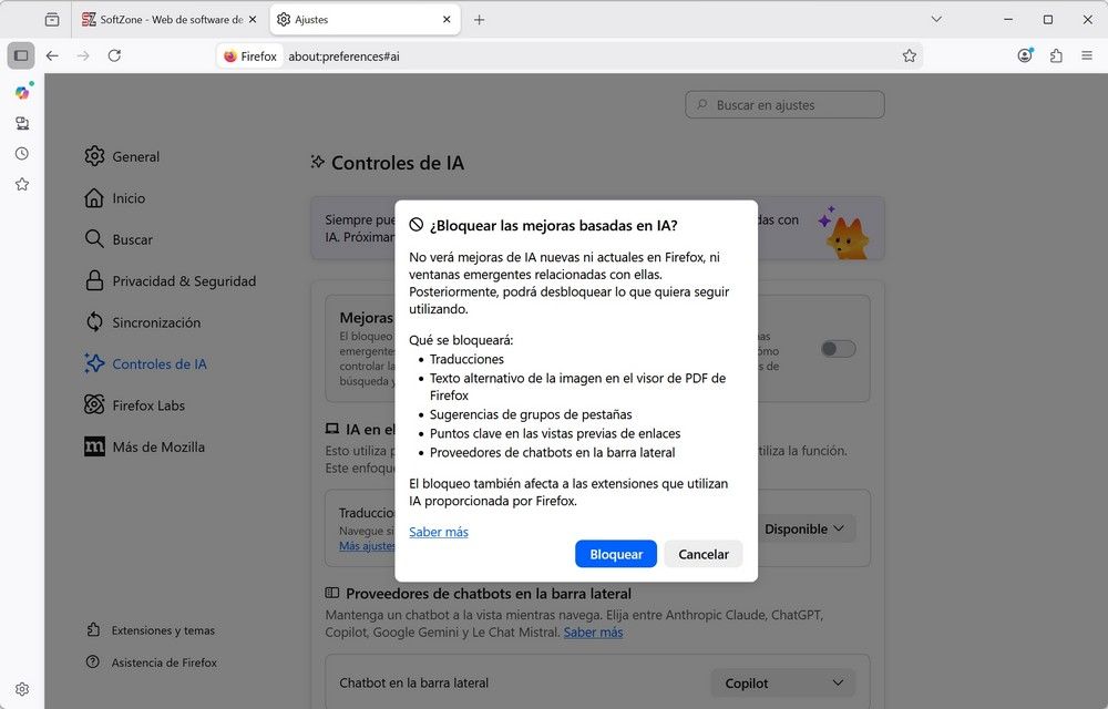 Ventana emergente del controlador de IA en Firefox con opciones de configuración.