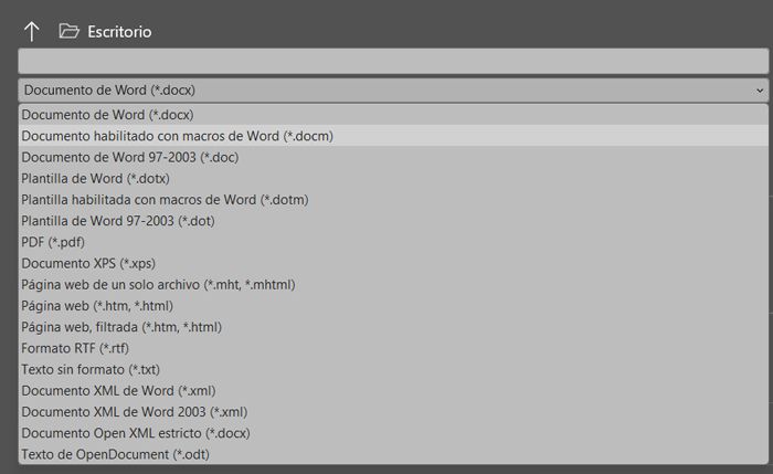 Formatos de archivo compatibles con el programa Microsoft Word.