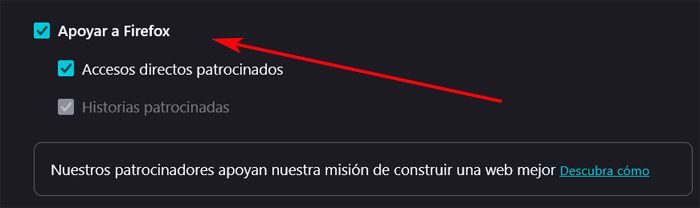 Función Apoyar a Firefox que podemos desactivar en el programa.