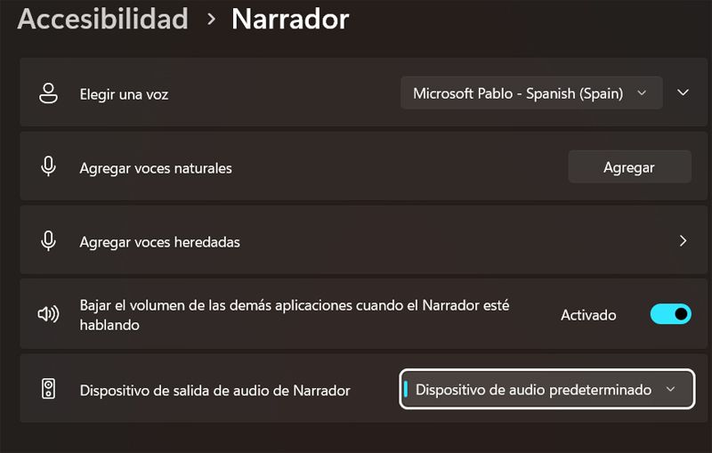 Función Narrador de Windows 11 en la aplicación de Configuración. Foto: captura de SoftZone.