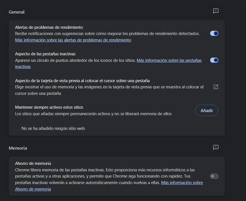 Diferentes funciones relacionadas con el rendimiento de Google Chrome.