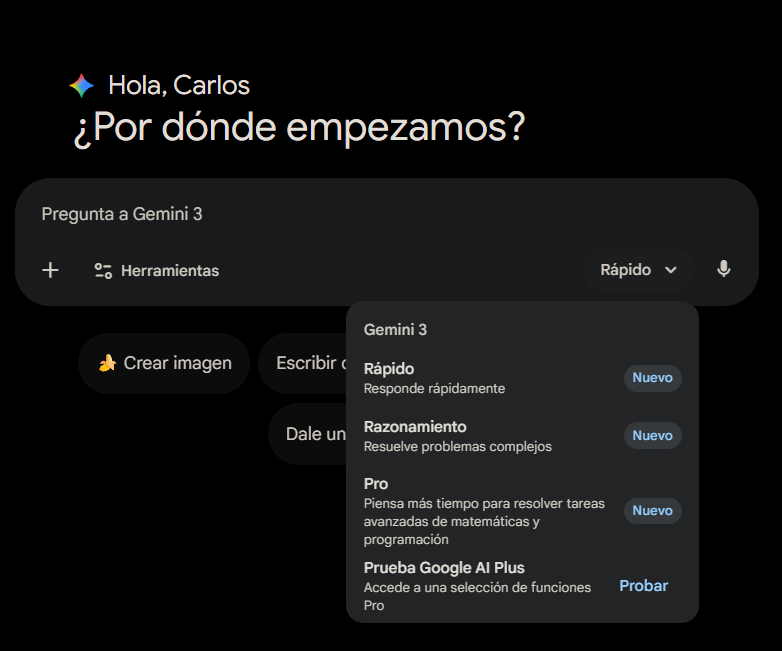 Interfaz de Gemini 3 en versión web con las distintas opciones de uso