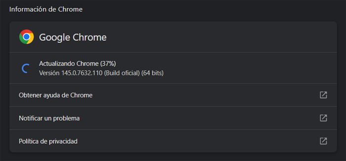 Google Chrome en pleno proceso de actualización.