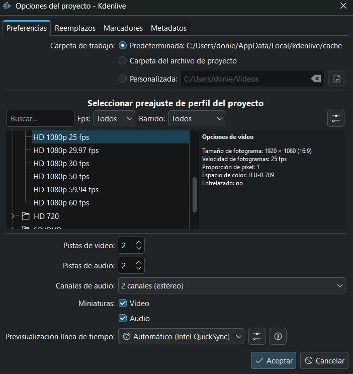 Inicio del programa Kdenlive para elegir resoluciones.