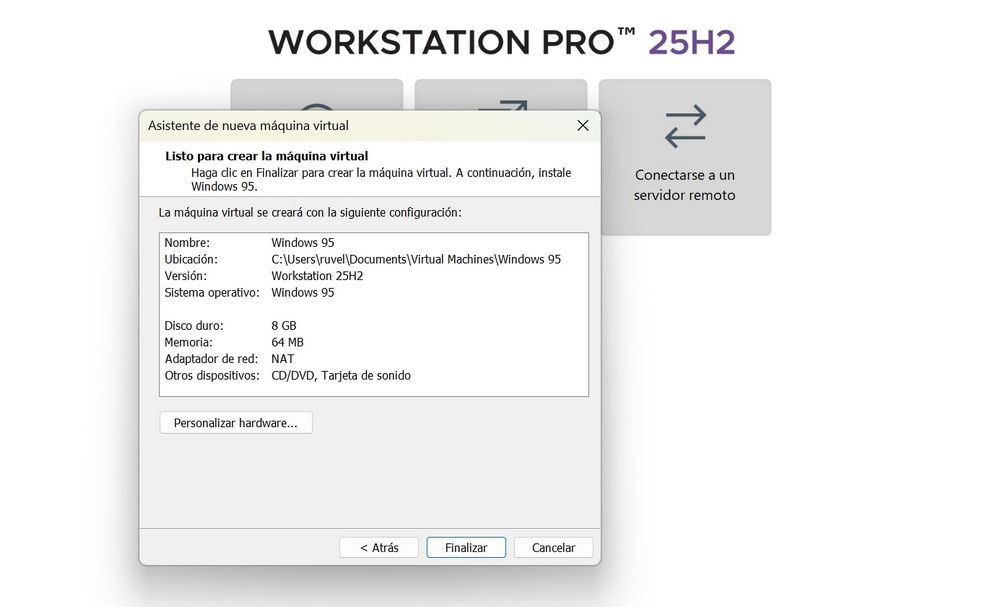 Asistente de configuración de una máquina virtual para instalar Windows 95 en el programa Workstation Pro 25H2.