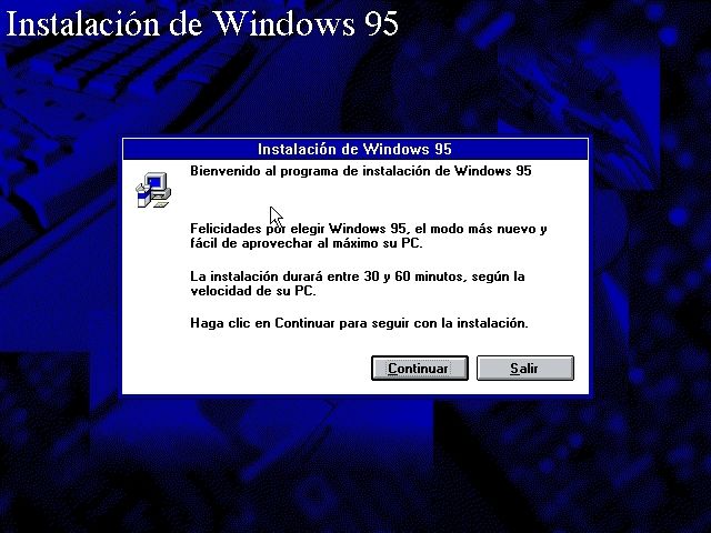 Pantalla de inicio de la instalación de Windows 95 en español con mensaje de bienvenida y botones de navegación.