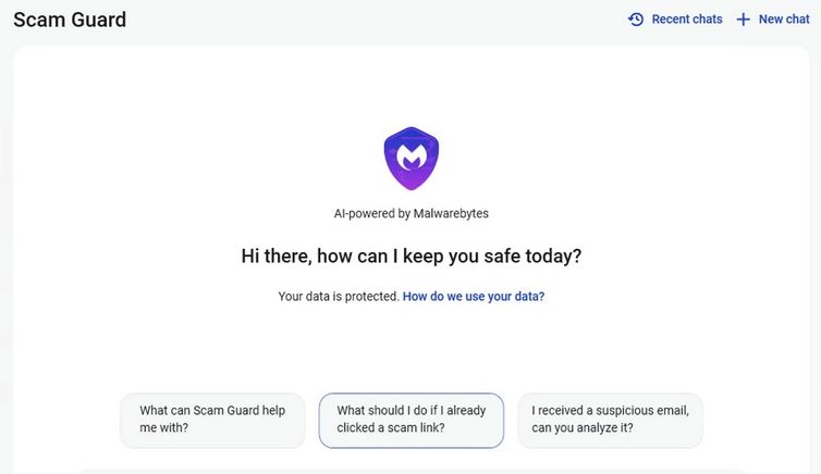 Interfaz de la solución de seguridad Scam Guard para estafas.