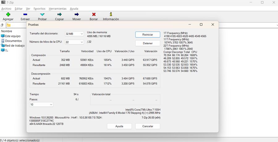 Interfaz del compresor de archivos 7zip ejecutando pruebas.