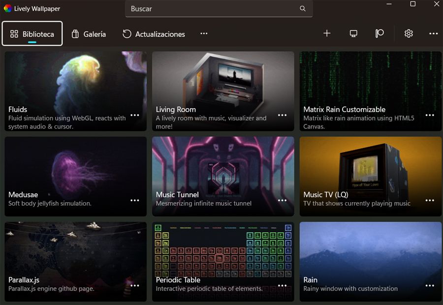 Interfaz inicial del programa de fondos de escritorio, Lively Wallpaper.