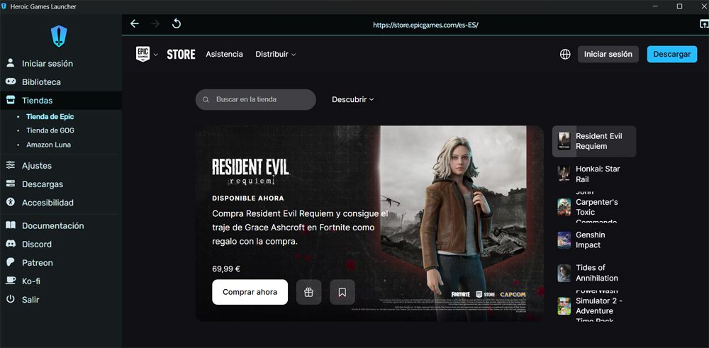 Interfaz principal Heroic Games Launcher