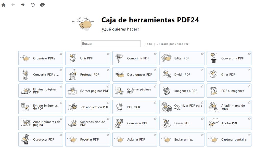 Interfaz principal de la suite PDF24 para trabajar con archivos en formato PDF.