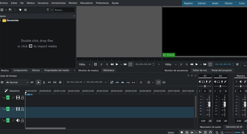 Interfaz principal del editor vídeo de código abierto, Kdenlive.