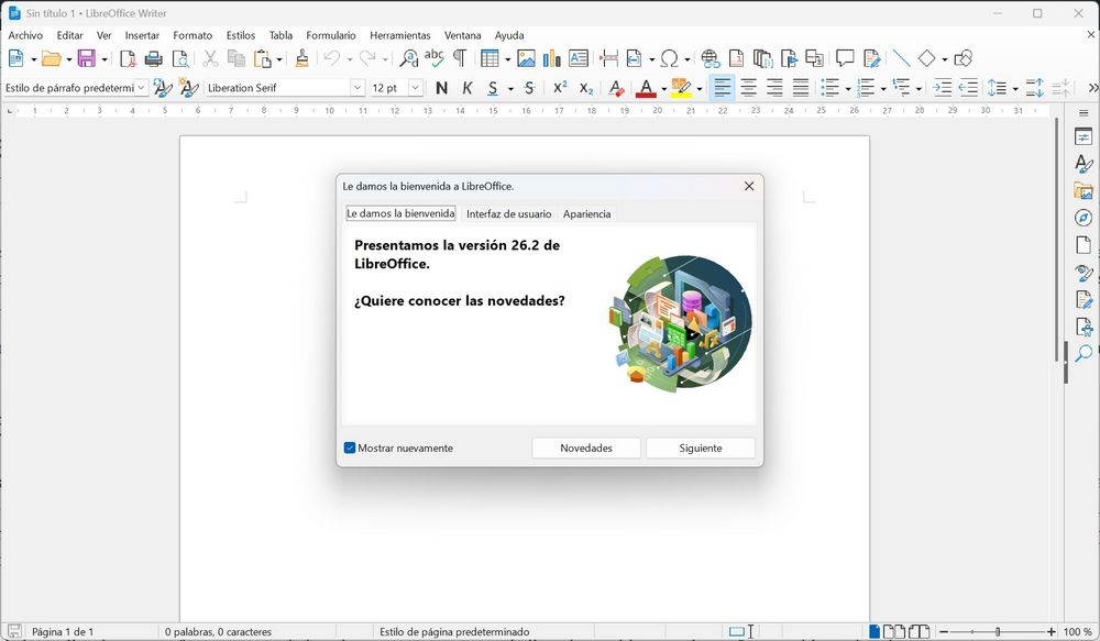 Ventana de bienvenida de LibreOffice 26.2 sobre la interfaz del procesador de textos Writer en español.