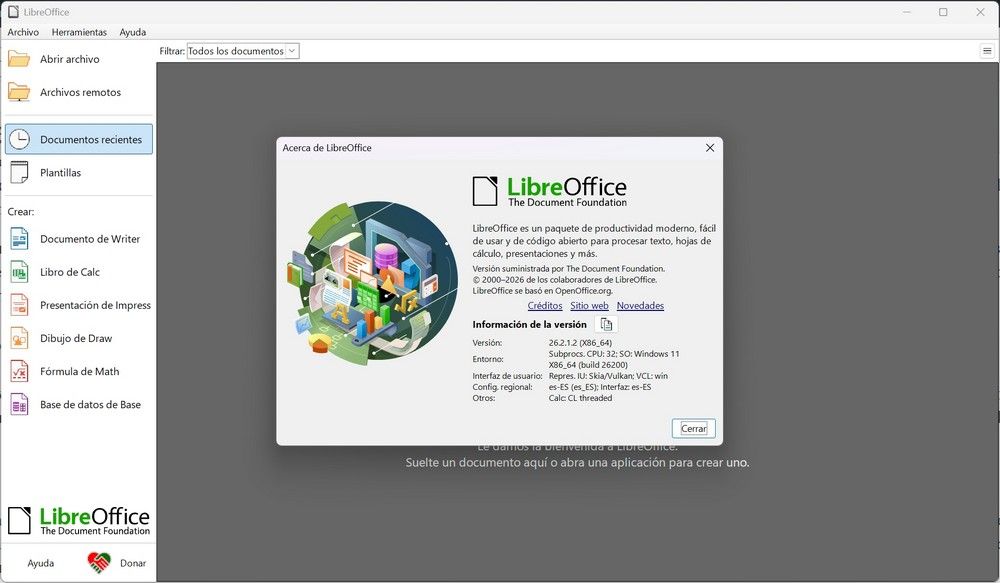 Interfaz de LibreOffice 26.2.1 mostrando un documento de texto en Writer con la barra de herramientas y menús visibles.