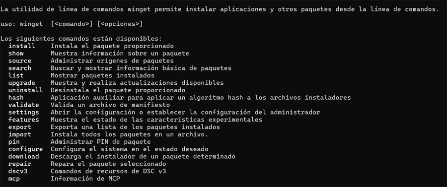 Listado con los usos del comando winget de Windows.