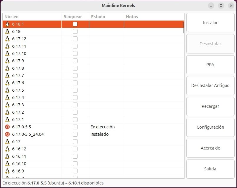 Interfaz de Mainline Kernels con lista de núcleos Linux y opciones de instalación o actualización en Ubuntu.