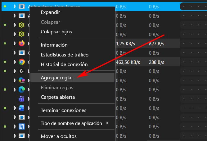 Menú contextual configurar para las conexiones activas en Netlimiter.