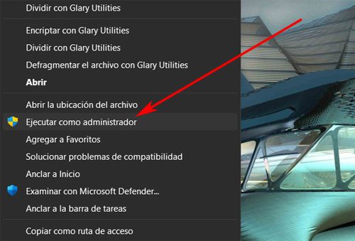 Menú contextual para ejecutar un archivo como administrador.