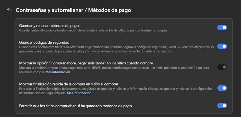 Métodos de pago que podemos desactivar en el navegador Edge.