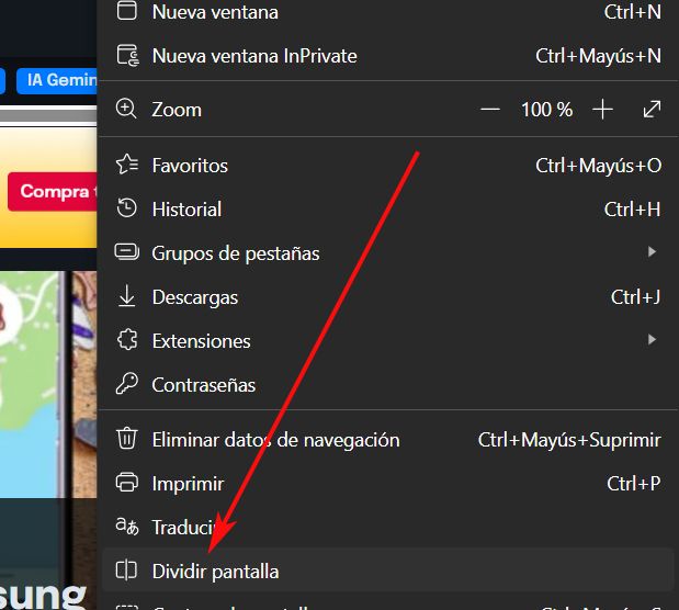 Modo Dividir pantalla en Microsoft Edge.