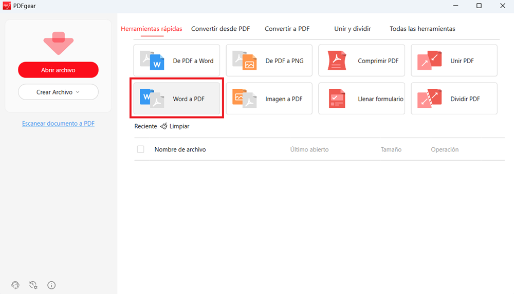 Editor de PDFs de PDFGear, con la opción de conversión que tratamos en rojo.