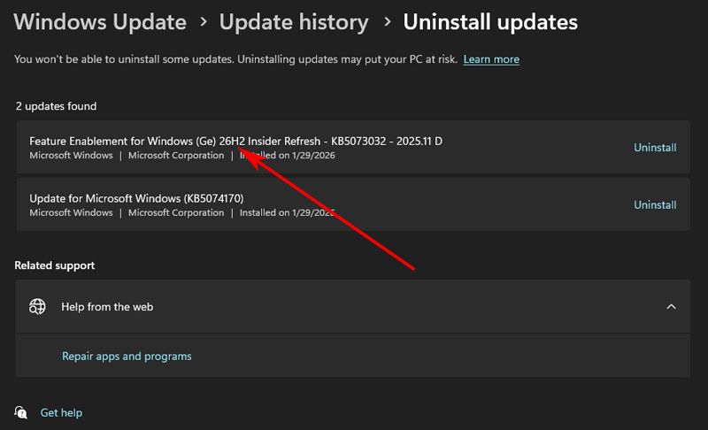 Referencia de Microsoft a la actualización Windows Update 26H2.