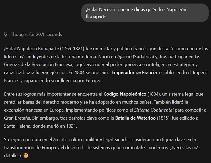 Respuesta de modelo escogido de Ollama sobre Napoléon Bonaparte