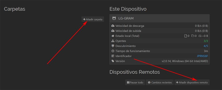 Sincronización de archivos en la ventana de configuración web del programa.
