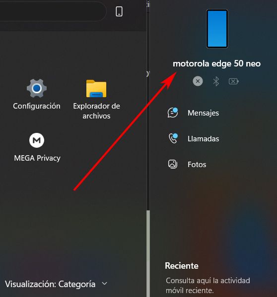 Sincronización de Windows 11 con el teléfono móvil desde el menú Inicio.