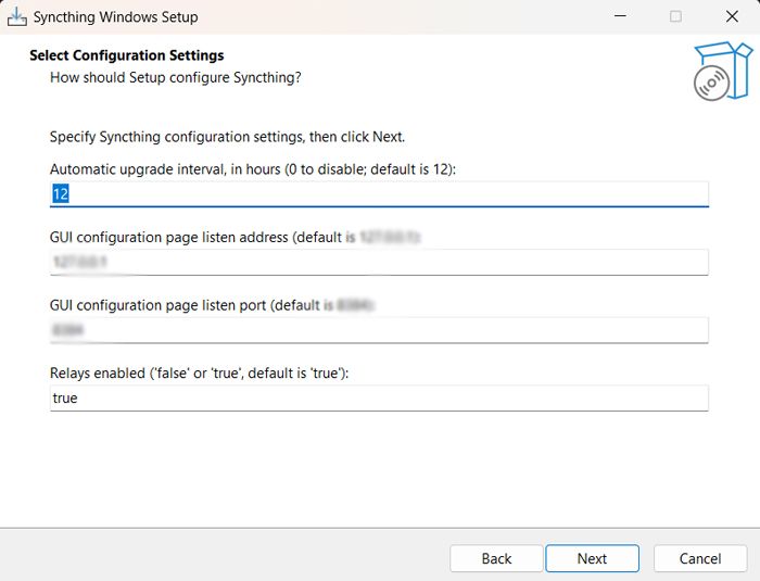 Ventana para ña instalación y configuración del programa SyncThing
