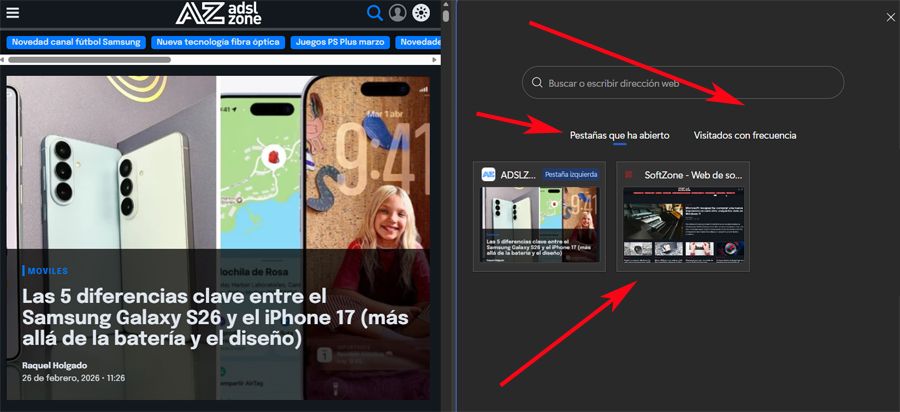 Vista doble pestaña en el navegador Edge.