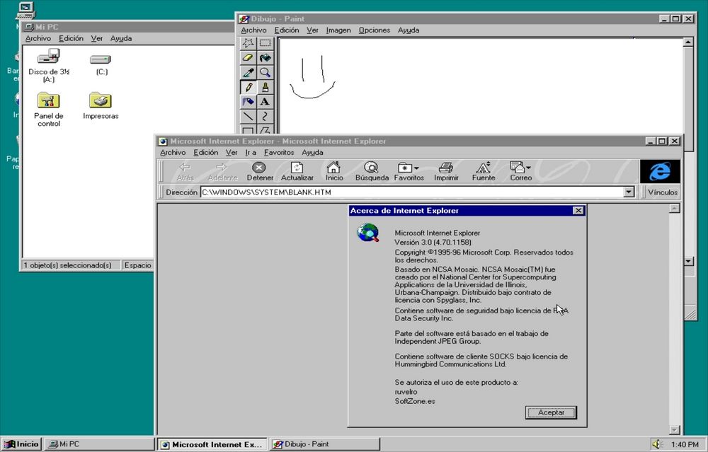 Interfaz clásica de Windows con las ventanas de Paint, Mi PC e Internet Explorer 3.0 abiertas en español.