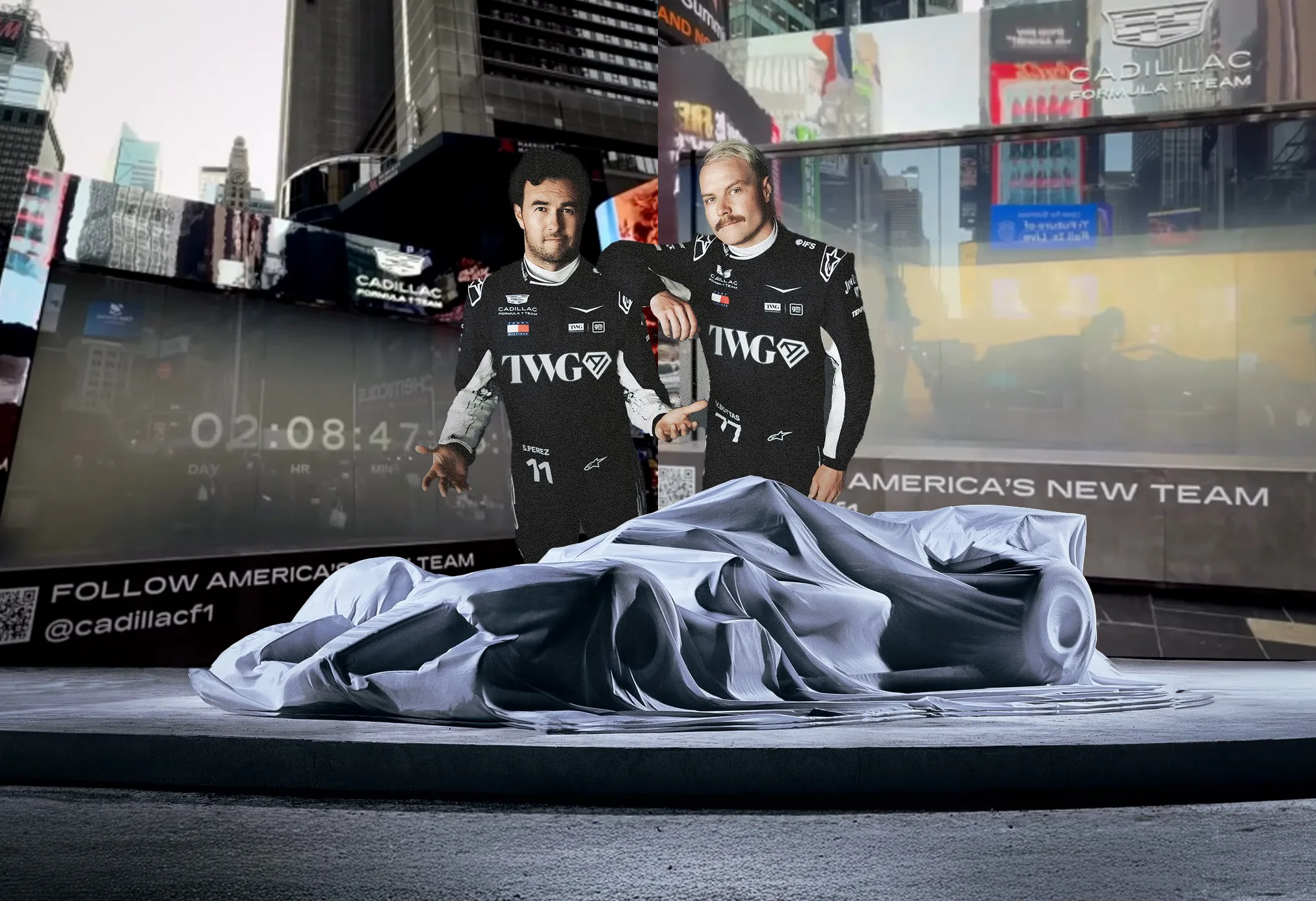 Cadillac y ‘Checo’ Pérez develarán su auto durante el Super Bowl; así luce instalación en el Time Square