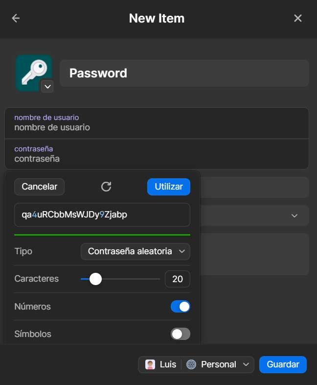 Crear nueva entrada segura en el programa 1password.
