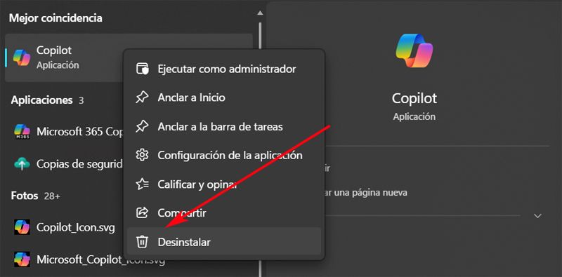 Desinstalar las app del asistente Copilot de Windows con el menú Inicio.