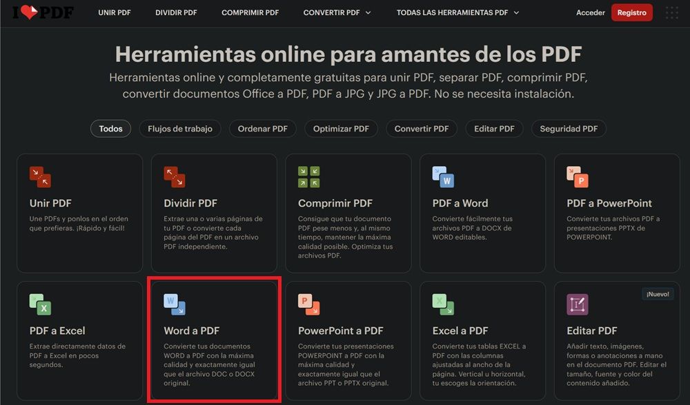 plataforma de iLovePDF con la correspondiente herramienta resaltada