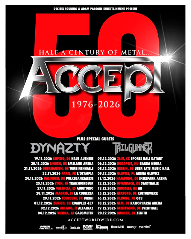 Nueva gira de los alemanes ACCEPT con DYNAZTY y TAILGUNNER para celebrar su 50º aniversario