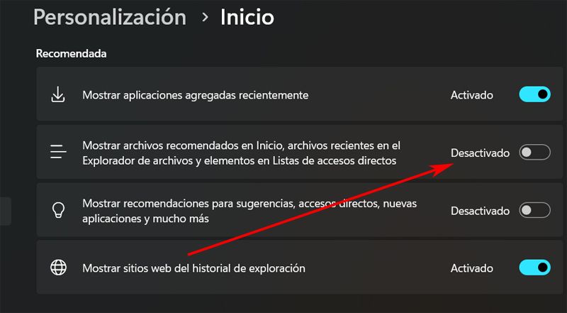 Sección de recomendaciones del menu Inicio de windows 11 para eliminar.