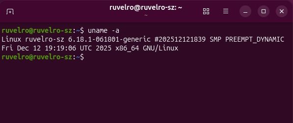 Terminal de Linux ejecutando el comando uname -a para mostrar la versión del kernel y detalles del sistema.