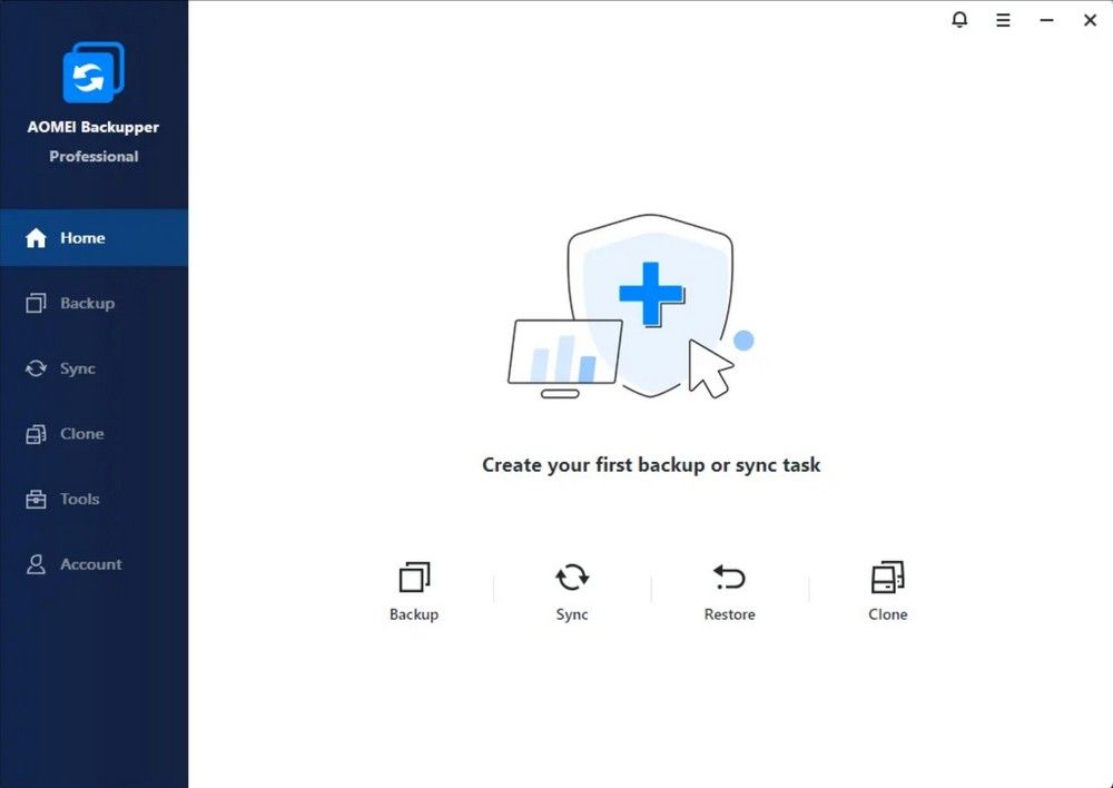 Interfaz de usuario de AOMEI Backupper con el menú lateral izquierdo y opciones de copia de seguridad.