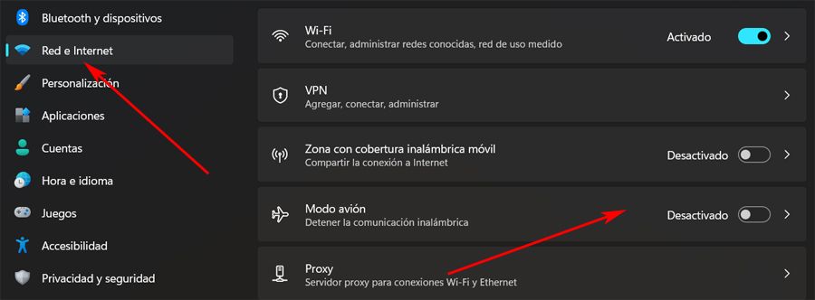 Activar Modo avión en Windows desde Configuración.
