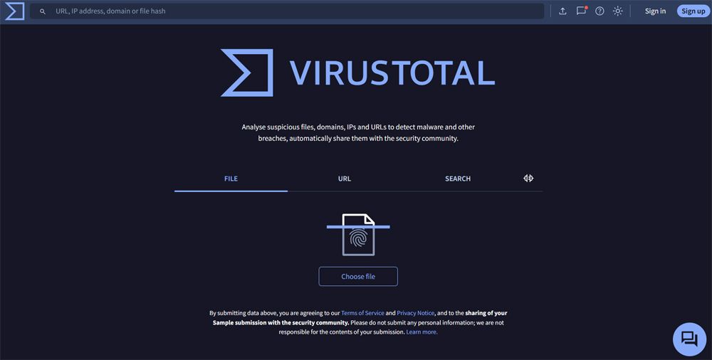 Aplicación web de seguridad de la plataforma VirusTotal.