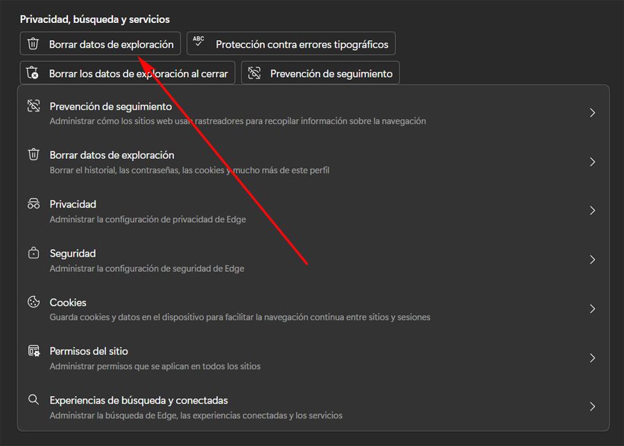 Borrar datos Microsoft Edge