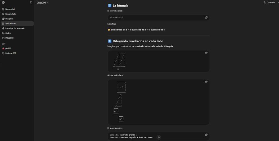 ChatGPT con el teorema de Pitágoras.