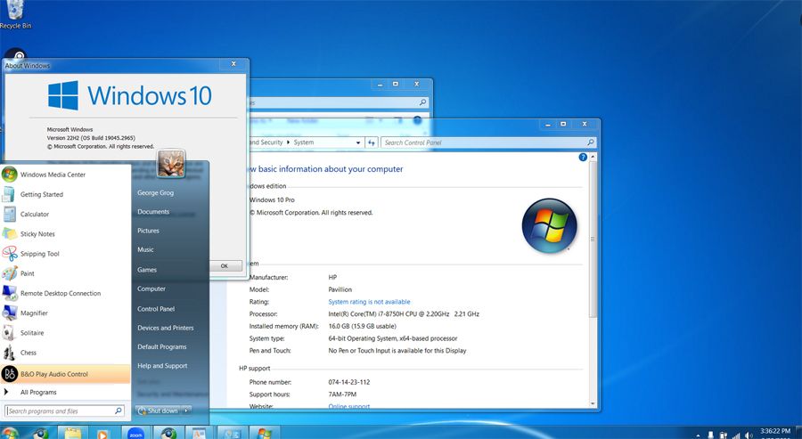 Concepto del aspecto de Windows 7 en Windows 10.