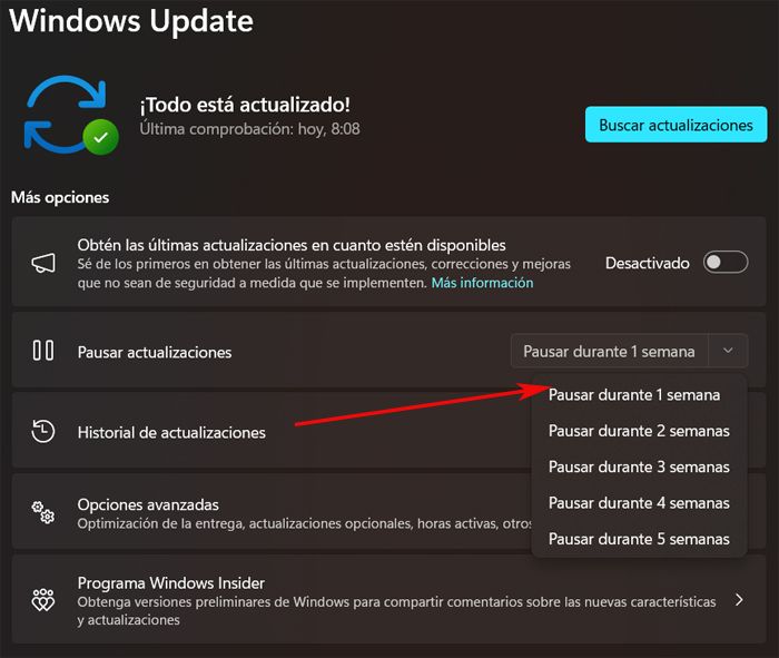 Configuración de Windows para pausar la llegada de parches.