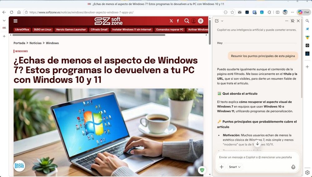 Captura de pantalla del navegador Microsoft Edge mostrando el icono de Copilot en la esquina superior derecha de la barra de herramientas.