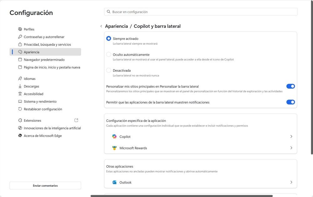 Configuración de Copilot en Edge con opciones de personalización y accesibilidad.