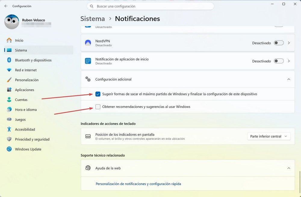 Configuración de notificaciones en Windows 11, con opciones de sistema y aplicaciones.
