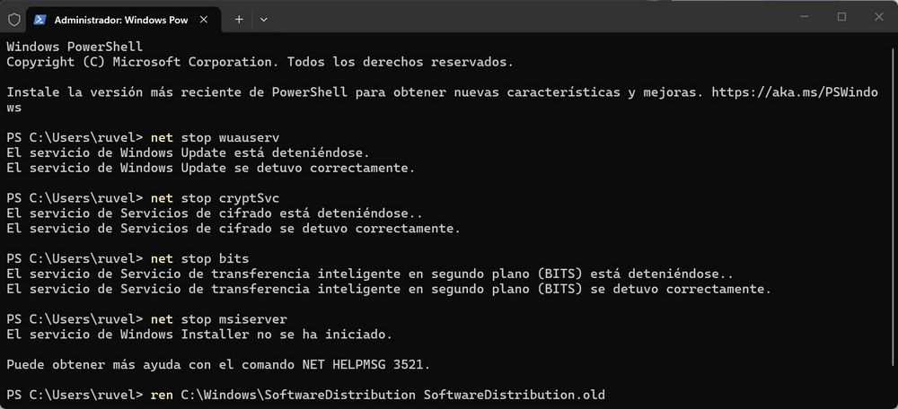 Ventana de línea de comandos mostrando comandos para detener servicios de Windows Update.